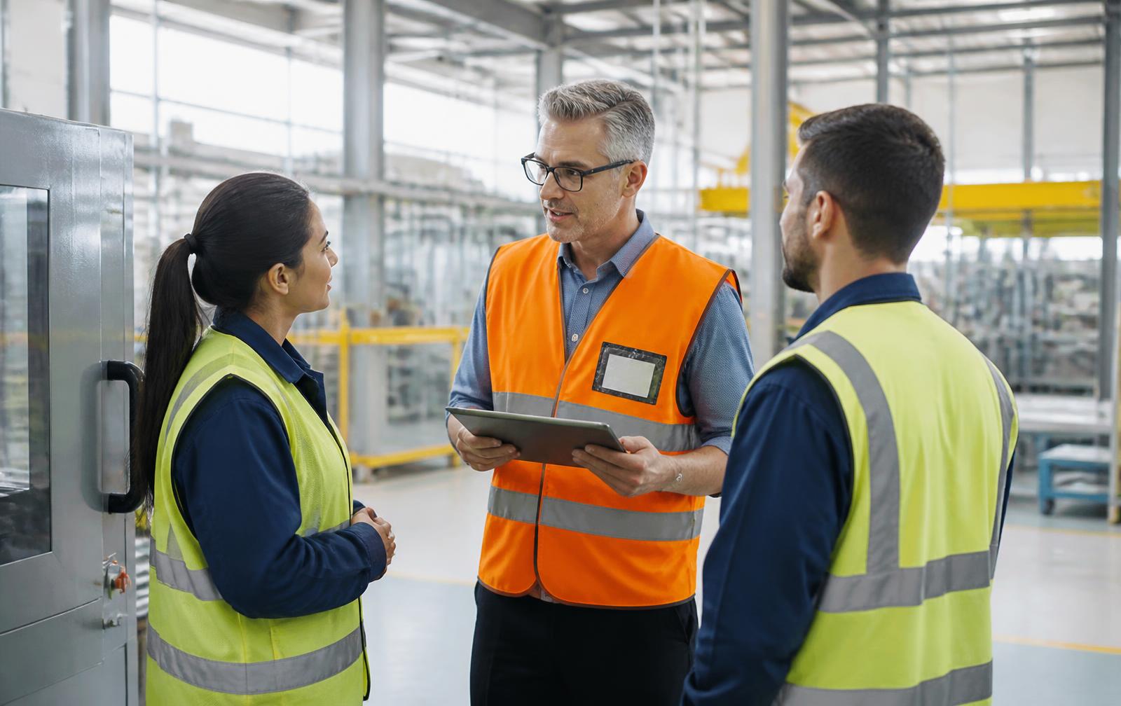 Supervisor reviewing shift data with frontline workers
